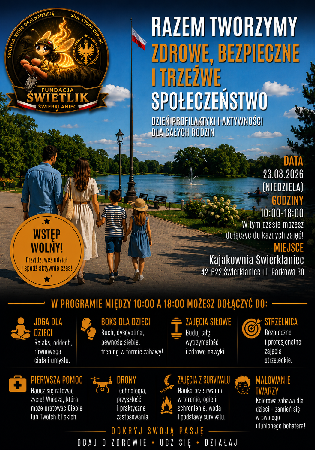 Plakat: Dzień Profilaktyki i Aktywności dla Całych Rodzin — 23 sierpnia 2026, Kajakownia Świerklaniec